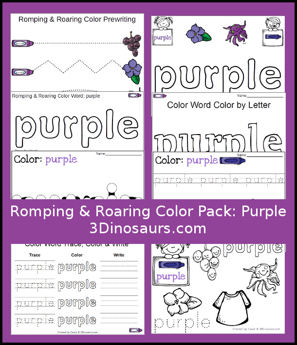 Free Romping & Roaring Color Purple Word Pack - 8 pages of activities for kindergarten and first grade and some prek - You have a mix of purple worksheets and hands-on purple word activities. - 3Dinosaurs.com