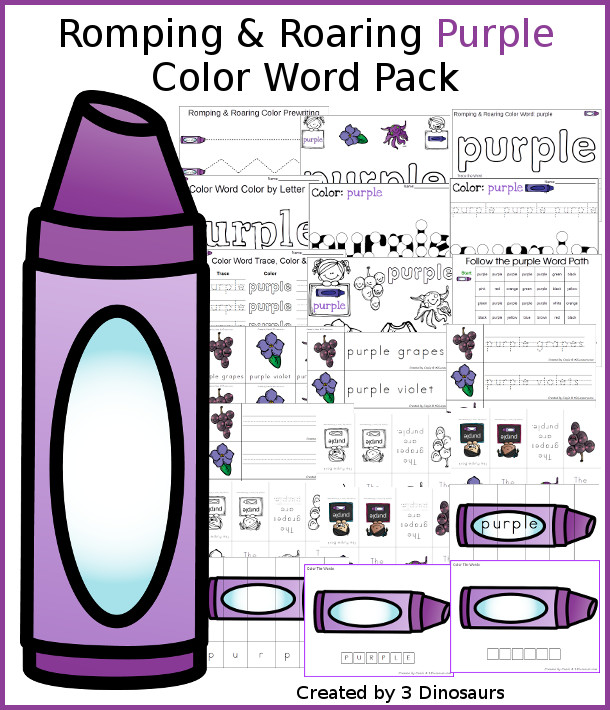 Romping & Roaring Color Purple Word Pack - 22 pages of activities with puzzles, spelling words, dot marker words, playdough mats, pocket chart cards, small color words and more - 3Dinosaurs.com