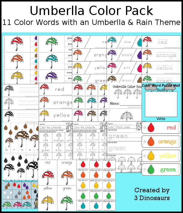 Umbrella Color Pack - with 78 pages of printables with color easy reader book, color clip cards, color tracing strips, color writing strips, color pocket chart cards, color word writing, color word puzzles, and more all to work on learning color words. This is a great Umbrella theme - 3Dinosaurs.com
