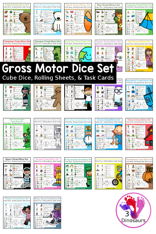 Gross Motor Dice & Gross Motor Rolling Bundle - 25 gross motor dice themes to use with kids. Plus they have dice, rolling and more gross motor printables- 3Dinosaurs.com