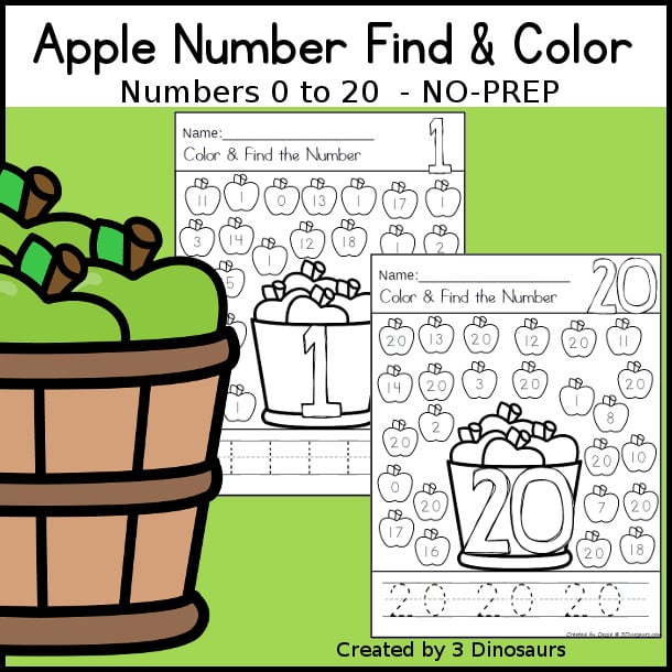 Apple Number Find & Color Printable with numbers 0 to 20. With coloring and finding the numbers on the apples. Easy no-prep apple worksheet for kids. - 3Dinosaurs.com