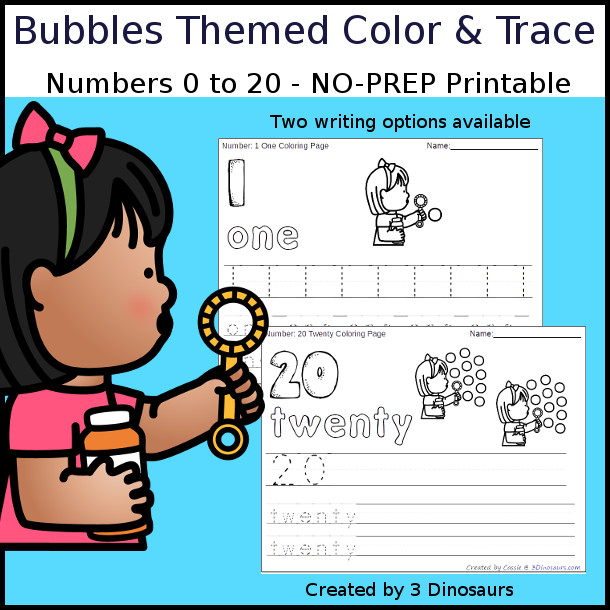 No-Prep Bubbles Themed Number Color and Trace - easy no-prep printables with a fun summer theme 44 pages with two options for the numbers tracing or writing $ - 3Dinosaurs.com #noprepprintable #summerprintables #numbersforkids