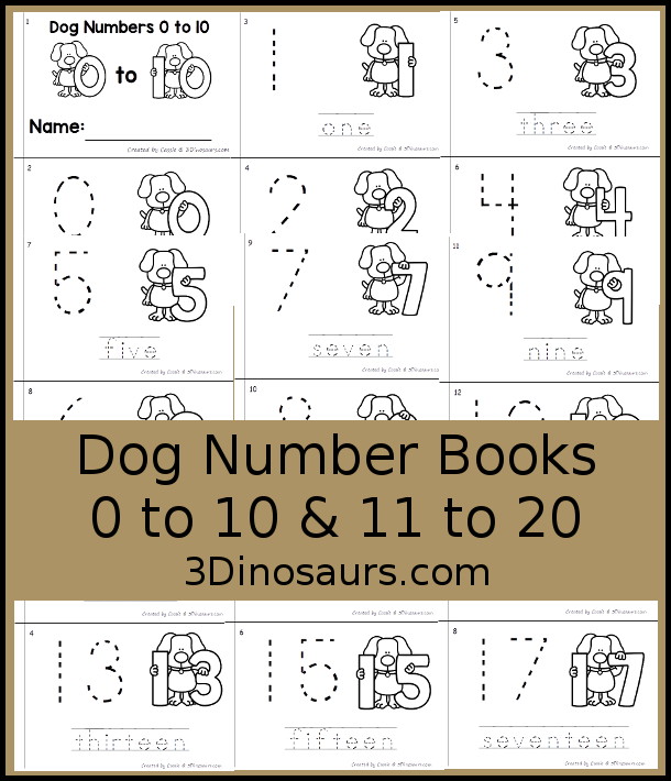 Free Dog Number Book Printables - a fun book with a dog holding a number, numerical number to trace, and a number word to trace that matches the number the dog is holding. 3Dinosaurs.com /></div>
<p><div align=