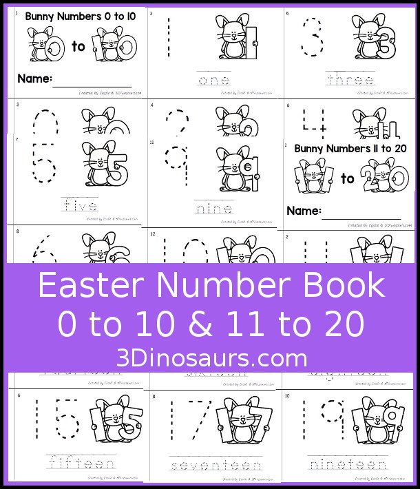 Free Easter Bunny Number Book Printables - a fun book with a bunny holding a number, numerical number to trace, and a number word to trace that matches the number the bunny is holding. 3Dinosaurs.com   /></p>
</div>
<p><div align=