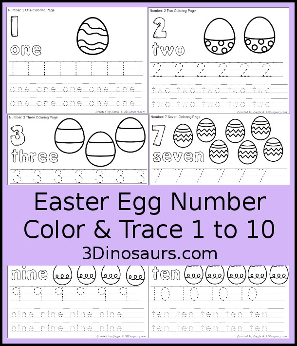 Free Easter Egg Number Color & Trace - Numbers o to 10 with counting the Easter eggs and tracing the number and number word for each number with 11 pages of printables for PreK and kindergarten - 3Dinosaurs.com