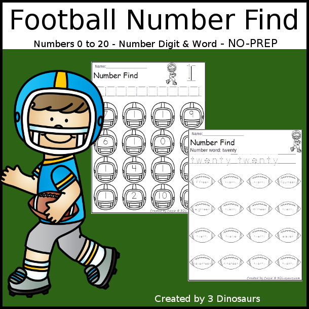 Football Number Find: Numbers 0 to 20 - You have number word and numerical number for kids to work on learning numbers. They trace the numbers and find the numbers with this fun football theme for kids in prek and kindergarten. - 3Dinosaurs.com