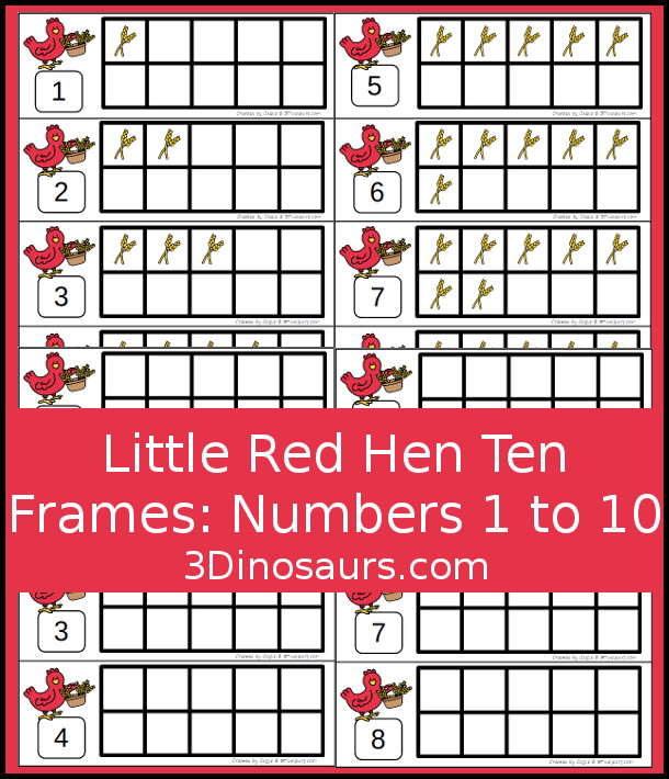 Free Wheat Ten Frame Printables for The Little Red Hen has numbers 1 to 10. You have two sets of ten frames cards. You have one with the ten frame filled out and one with the ten frame blank. It has a gathering wheat theme - 3Dinosaurs.com