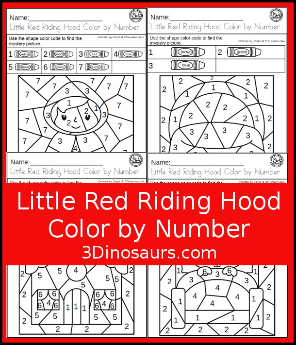 Free Little Red Riding Hood Color By Number Printable - five pictures to color with a color by code with numbers at the top with 3 to 7 colors for each picture- 3Dinosaurs.com