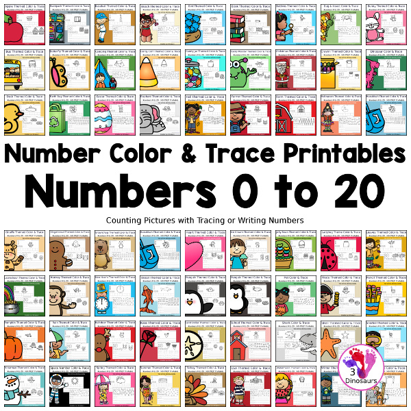 Number Color and Trace Bundle has numbers from 0 to 20 with tracing the number and writing the number options with counting and coloring numerical number and number words. A great number printable for kids in prek kindergarten and first grade.  3Dinosaurs.com