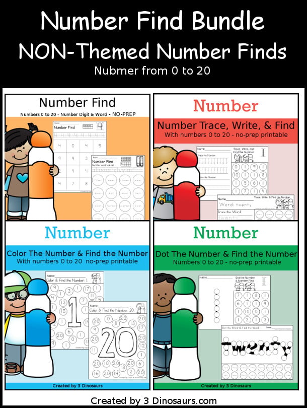 Non Seasonal Number Find Printables - has all the number finds that you can use all year with kids. 3Dinosaurs.com