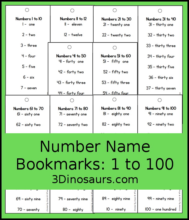 Free Number Word Bookmarks Printables - numbers from 1 to 100 with the number and the number word with 10 numbers on each bookmark. A great way to work on counting to 100 and learning the number words - 3Dinosaurs.com
