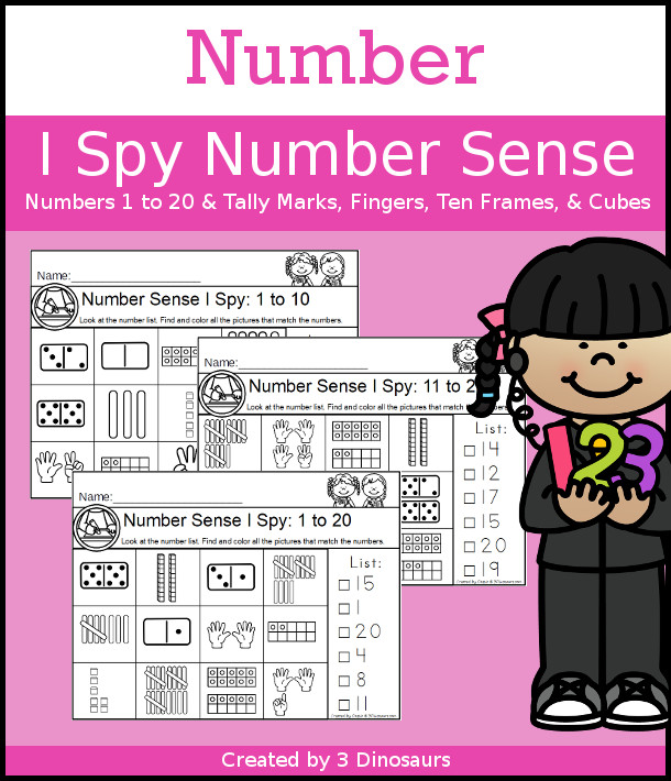 Number Sense I Spy Printable - A fun number worksheet that works on seeing a number and finding the matching items that count to that number with hands, ten frames, tally marks and more - 3Dinosaurs.com