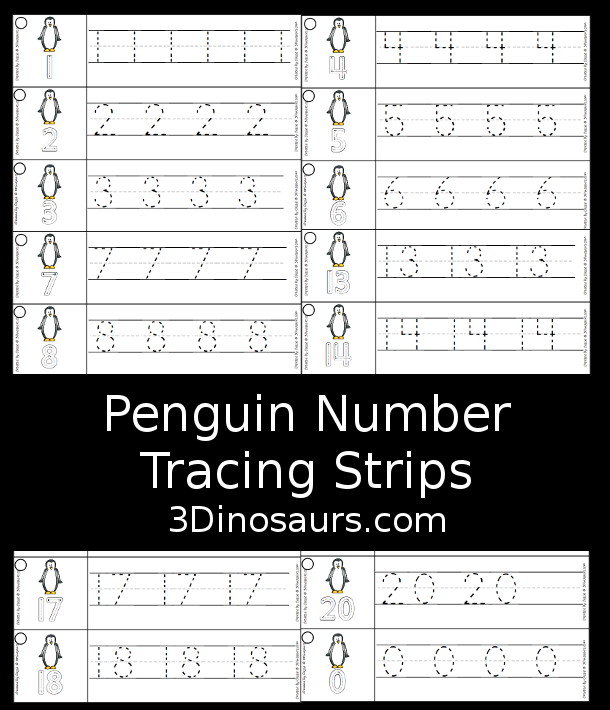 Free Penguin Number Tracing Strips - with numbers 0 to 20. You can tracing the numbers and an example of how to trace the numbers on the strips, plus a penguin on each tracing strip. - 3Dinosaurs.com