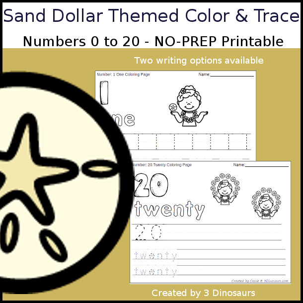No-Prep Sand Dollar Themed Number Color and Trace - easy no-prep printables with a fun sand dollar theme 44 pages with two options for the numbers tracing or writing $ - 3Dinosaurs.com #noprepprintable #summerprintables #numbersforkids