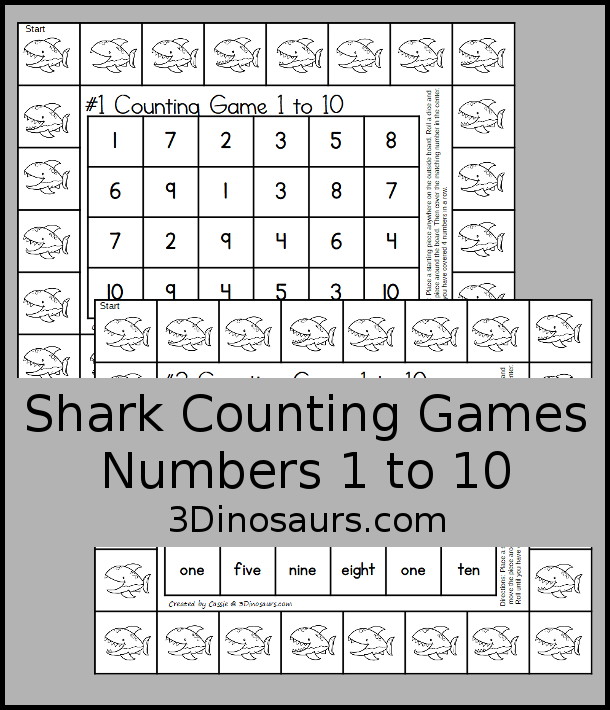 Free Shark Number Counting Game Printables - you have two number games that work on numbers from 1 to 10. You have a shark number word game and a shark numerical number game. Both fun ways to work on counting and numbers with a fun shark theme. - 3Dinosaurs.com