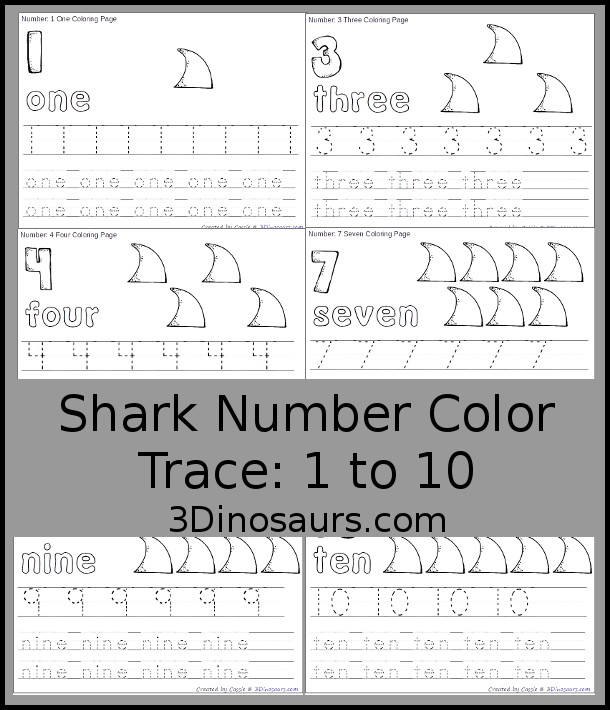 Free Shark Number Color & Trace - Numbers 0 to 10 with counting the shark fins and tracing the number and number word for each number with 11 pages of printables for prek and kindergarten - 3Dinosaurs.com