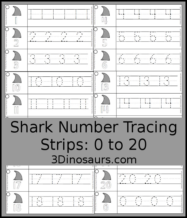 Free Shark Number Tracing Strips - with numbers 0 to 20. You can tracing the numbers and an example of how to trace the numbers on the strips, plus an shark fin on each tracing strip. - 3Dinosaurs.com