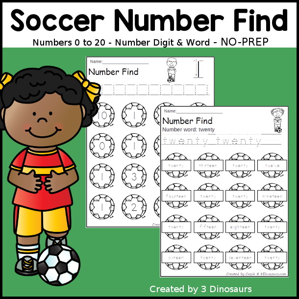 Soccer Number Find Printable: Numbers 0 to 20 - a great way to work on number tracing and then number finding for kids. You have number words and numerical numbers for kids to work on for prek and kindergarten. - 3Dinosaurs.com