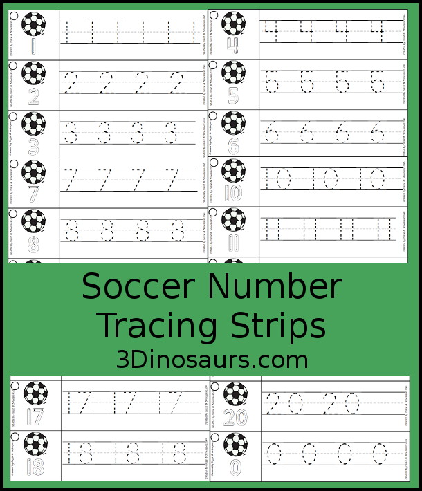Free Soccer Number Tracing Strips - with numbers 0 to 20. You can tracing the numbers and an example of how to trace the numbers on the strips, plus a soccer ball on each tracing strip. - 3Dinosaurs.com
