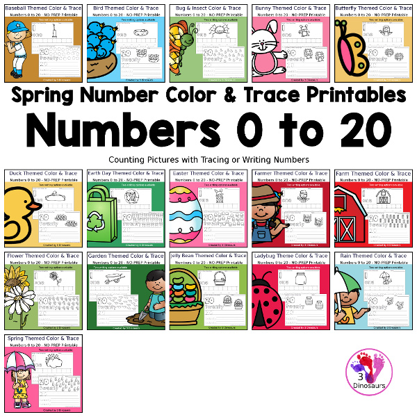 Spring Number Color and Trace Bundle has lots of fun summer themes. You have counting, tracing and coloring with a writing options for the numbers. A simple way to work on numbers 0 to 20 during the spring. 3Dinosaurs.com