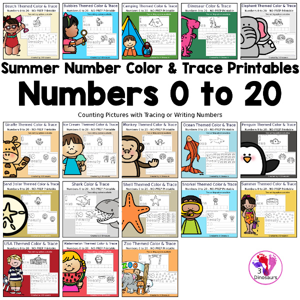 Summer Number Color and Trace Bundle has different summer themes for kids. You can work on counting numbers and then tracing or writing the numbers. A great way to add coloring, handwriting and counting together for the summer. 3Dinosaurs.com