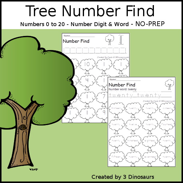 Tree Number Find Printable For Kids with numbers from 0 to 20. You trace the numbers and then find the numbers on the tree. You have number and number word for kids to use - 3Dinosaurs.com