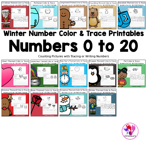 Winter Number Color and Trace Bundle has loads of different winter themes. You have tracing, coloring and counting with numbers 0 to 20 with writing options. 3Dinosaurs.com