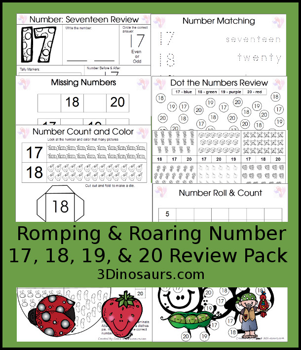 Romping & Roaring Number 17, 18, 19, 20 Review Pack Set 1 - 17: bugs, 18: fruit, 19: veggies, 20: pirate - 3Dinosaurs.com