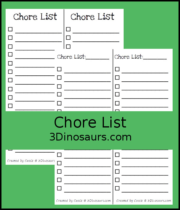 Free Chore List - 2 pages of chore list options for kids to complete - 3Dinosaurs.com