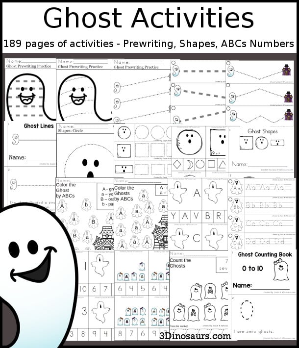 Ghost Activities Pack with Prewriting, Shapes, ABCs, and Numbers - 191 pages of Ghost activities with no-prep pages, clip cards and tracing strips to help with learning skills. A great addition to any Ghost activity or theme. - 3Dinosaurs.com