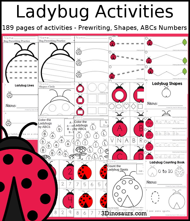 Ladybug Activities Pack with Prewriting, Shapes, ABCs, and Numbers - 191 pages of Ladybug activities with no-prep pages, clip cards and tracing strips to help with learning skills. A great addition to any Ladybug activity or theme. - 3Dinosaurs.com