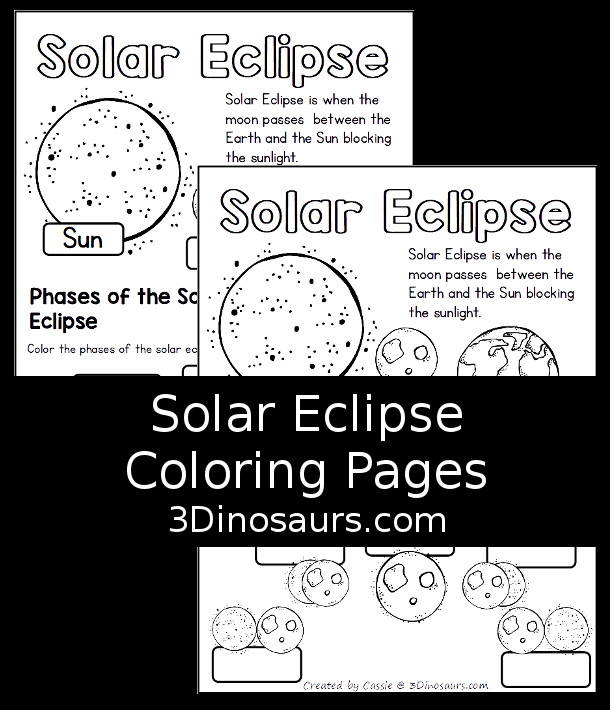 Free Solar Eclipse Coloring Pages - simple coloring pages with the Sun, Moon, Earth and the parts of a total solar eclipse. - 3Dinosaurs.com