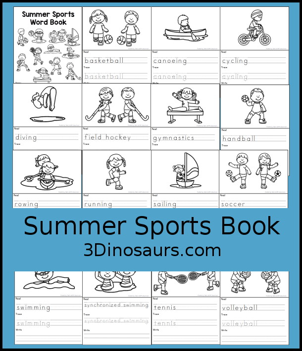 Free Summer Sports Words Book has t17 different summer sports with coloring the pictures, reading the words, tracing the words and writing the words. Plus a simple summer sports cover page. - 3Dinosaurs.com