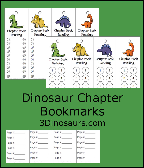 Free Dinosaur themed chapter bookmarks for kids to use for reading chapter books. It comes in three different options - 3Dinosaurs.com