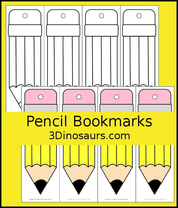 Free Pencil Bookmarks - 4 bookmarks in color and black and white to use for back to school or a fun pencil bookmark. - 3Dinosaurs.com