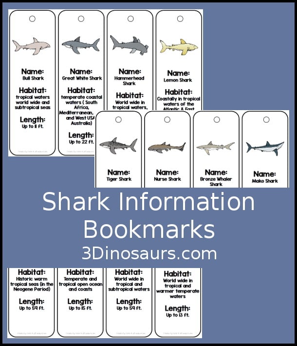 Free Shark Information Bookmarks - 12 different ones to pick from for talk like a pirate day! - 3Dinosaurs.com
