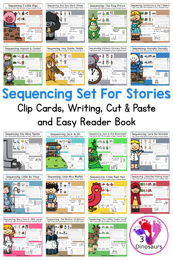 Sequencing Cards Set for Stories - Currently 19 different sets with clip cards, task cards, no-prep worksheets and easy reader books $ - 3Dinosaurs.com #printablesforkids #sequencingforkids #earthday #springprintables #tpt #teacherspayteachers