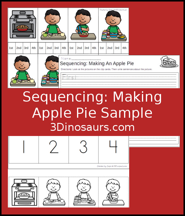 Free Apple Pie Sequencing Clip Cards - 4 clip cards, sequencing cards and a writing page - 3Dinosaurs.com