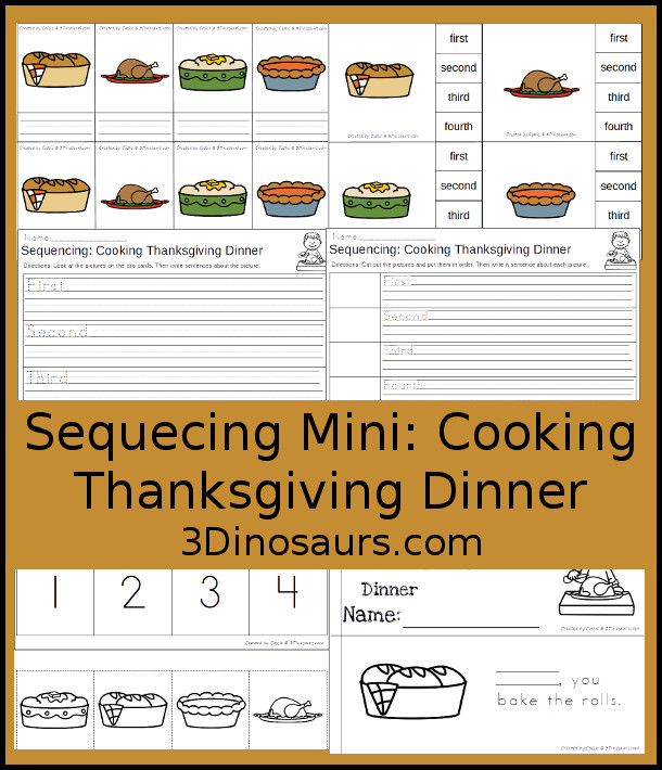 Free Sequencing Mini: Coooking Thanksgiving Dinner - 4 clip cards, 3 part cards, sequencing cut and paste, writing pages and mini book - 3Dinosaurs.com