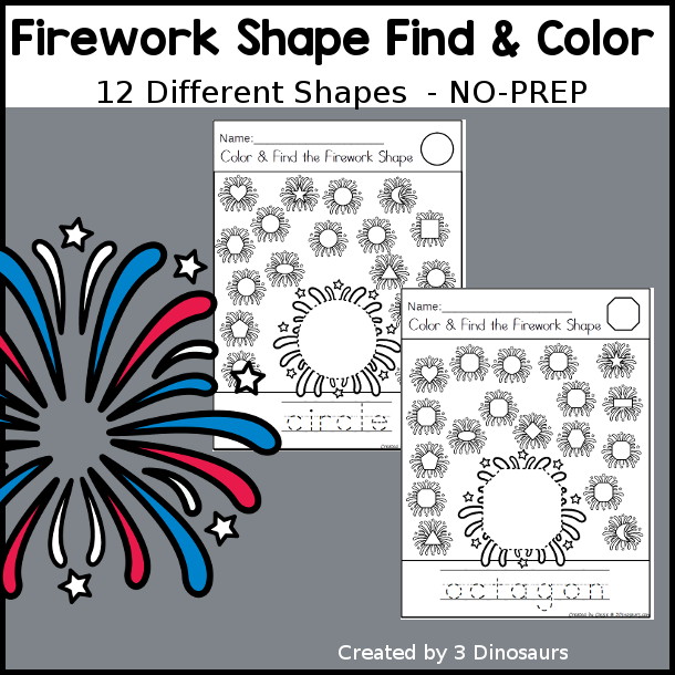 Firework Color the Shape & Find the Shape - you have 12 shapes for kids to learn about A fun way to work on shapes and shape words. A great kindergarten and prek worksheet for shapes - 3Dinosaurs.com