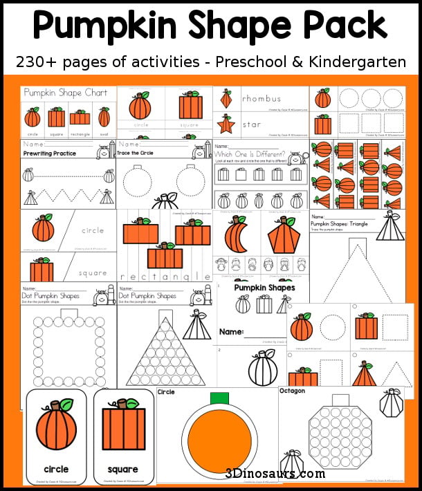 Pumpkin Shape Pack - has 230 pages of printables for kids to work on shapes with pumpkins. There are tracing, writing, puzzles, clip cards, easy reader book, patterns and more - 3Dinosaurs.com