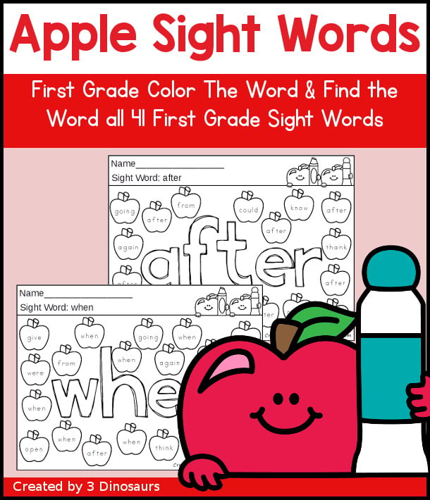 First Grade Apple Color the Sight Word & Find the Sight Word Printable has 41 First Grade sight words with color the word and find the sight word on the apples - 3Dinosaurs.com