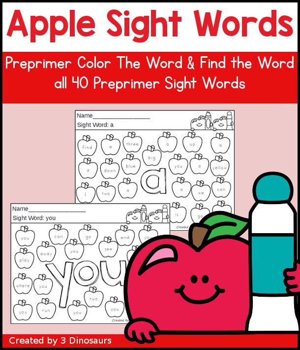 Preprimer Apple Color the Sight Word & Find the Sight Word Printable has 41 preprimer sight words with color the word and find the sight word on the apples - 3Dinosaurs.com