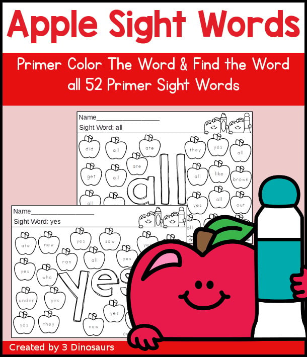 Primer Apple Color the Sight Word & Find the Sight Word Printable has 52 primer sight words with color the word and find the sight word on the apples - 3Dinosaurs.com