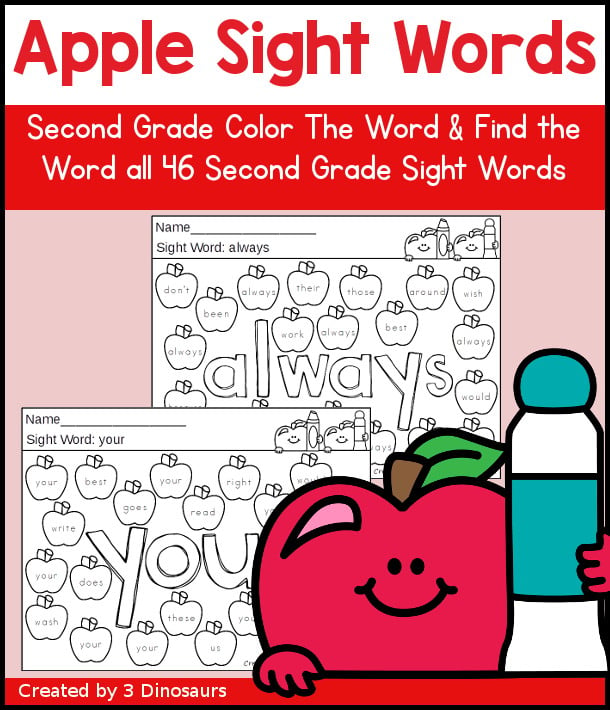 Second Grade Apple Color the Sight Word & Find the Sight Word Printable has 46 Second Grade sight words with color the word and find the sight word on the apples - 3Dinosaurs.com