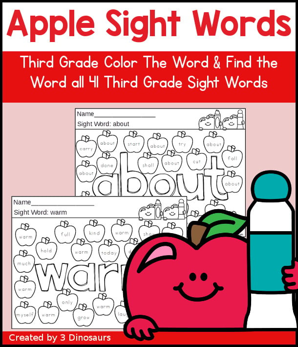 Third Grade Apple Color the Sight Word & Find the Sight Word Printable has 41 Third Grade sight words with color the word and find the sight word on the apples - 3Dinosaurs.com
