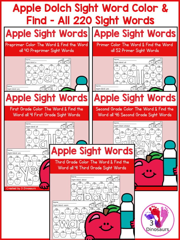 Apple Color the Sight Word & Find the Sight Word Printable has all 220 sight words with color the word and find the sight word on the apples - 3Dinosaurs.com