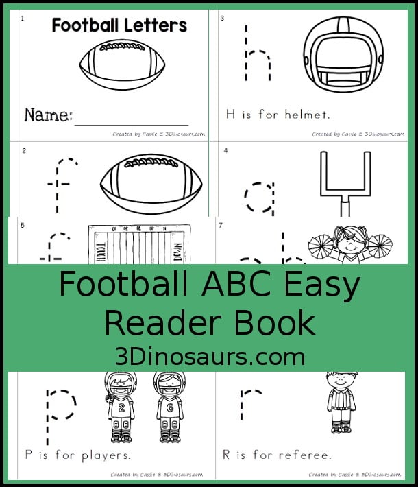 Free Football ABC Easy Reader Book Printable - has an 8 page book with lowercase letters to trace and a sentence about the letters as well. A simple football easy reader book. 3Dinosaurs.com