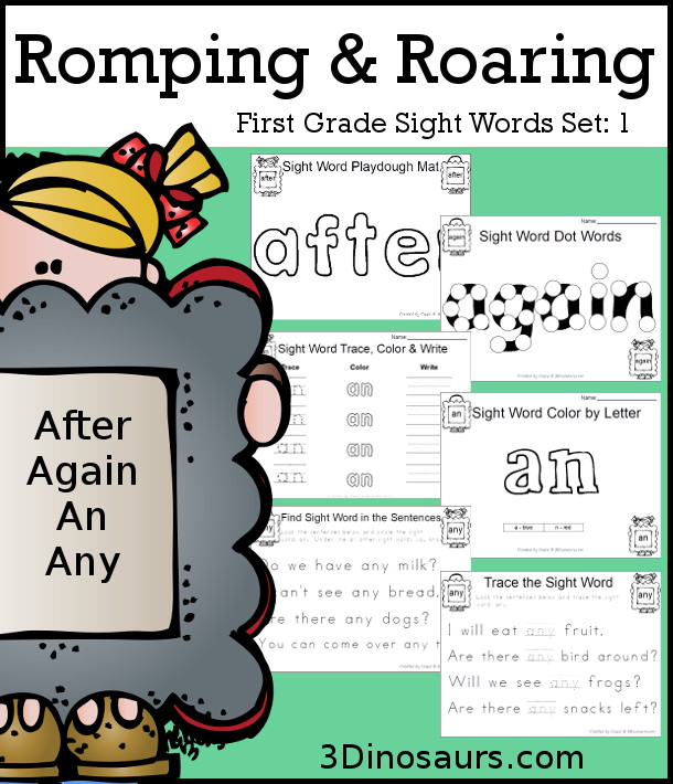 Free Romping & Roaring First Grade Sight Words: After, Again, An, Any - you have 6 pages for each sight word that work on learning the sight word in different ways with reading, writing, and finding. 3Dinosaurs.com