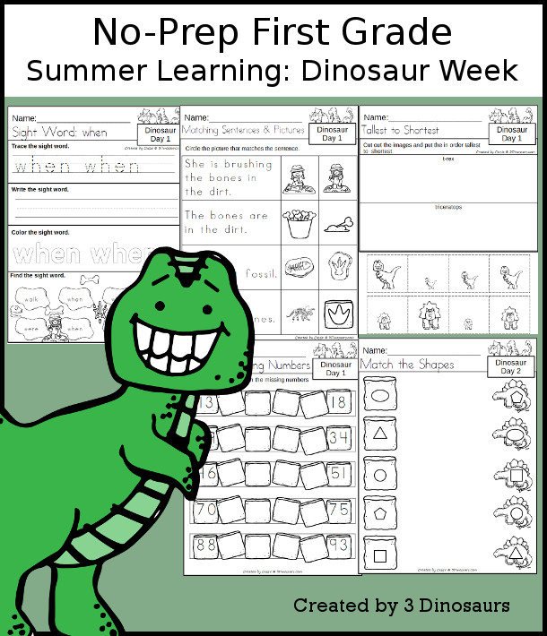 No-Prep Dinosaur Themed Weekly Packs for First Grade with 5 days of activities to do to learn with a summer Dinosaur theme. - 3Dinosaurs.com
